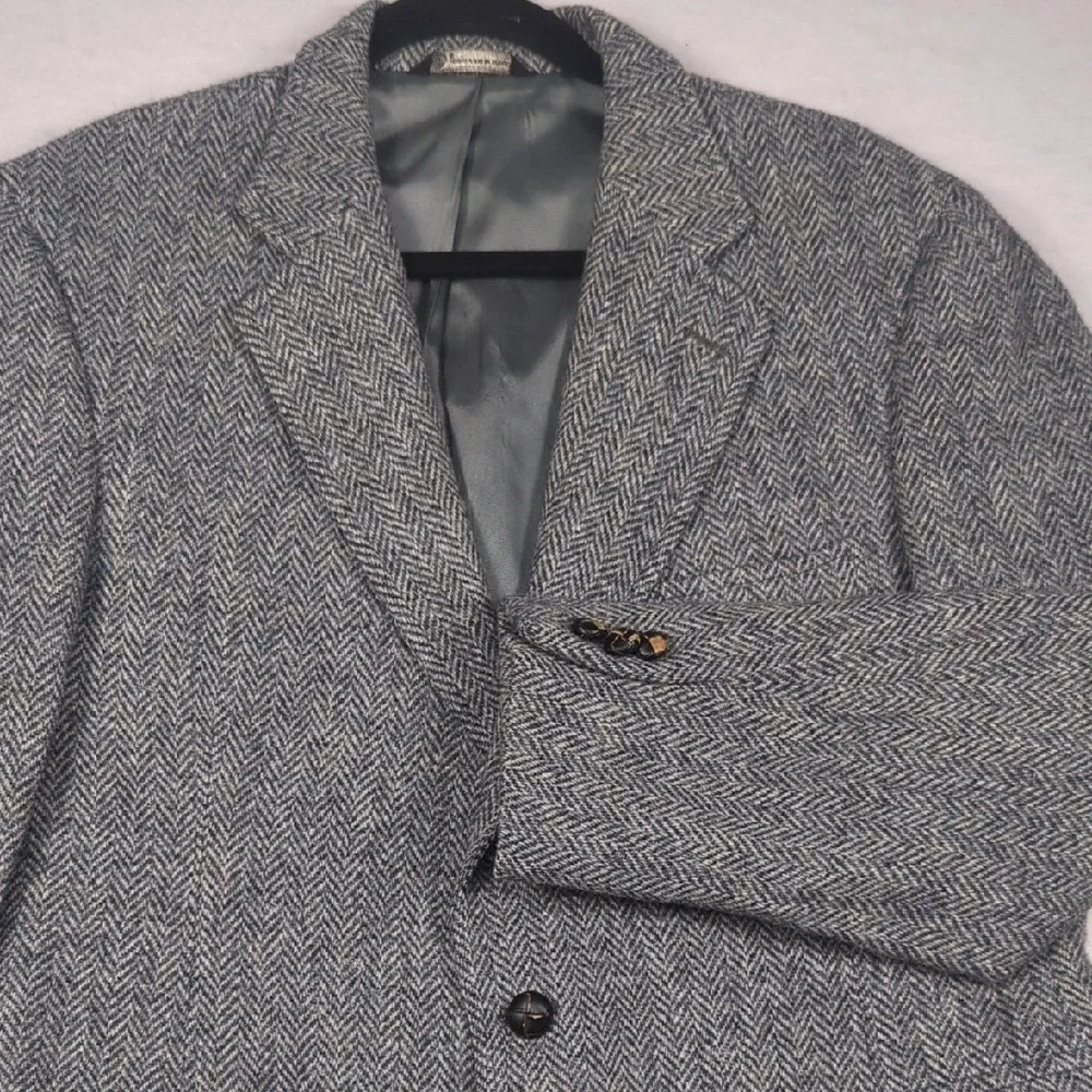 VTG Jos A Bank Harris Tweed Scottish Wool Gray Herringbone Mens Blazer Size 42S‎